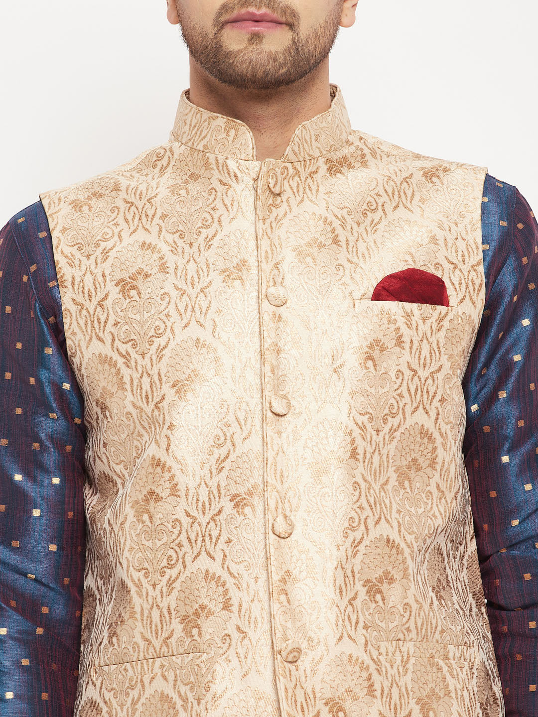 Men's Blue Silk Blend Straight Jacket  Kurta and Pyjama Set