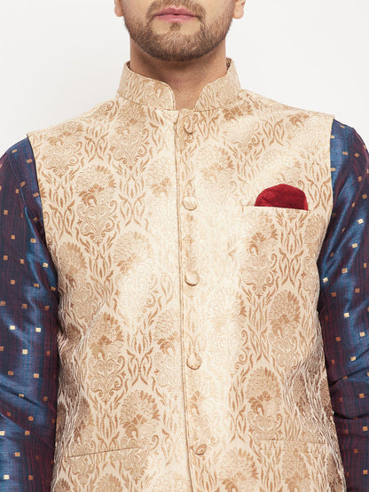 Men's Blue Silk Blend Straight Jacket  Kurta and Pyjama Set