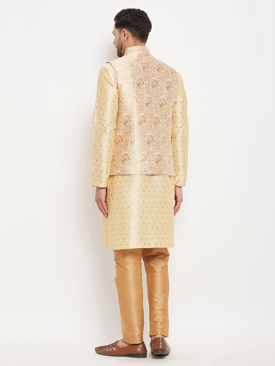 Men's Gold Silk Blend Straight Jacket  Kurta and Pyjama Set
