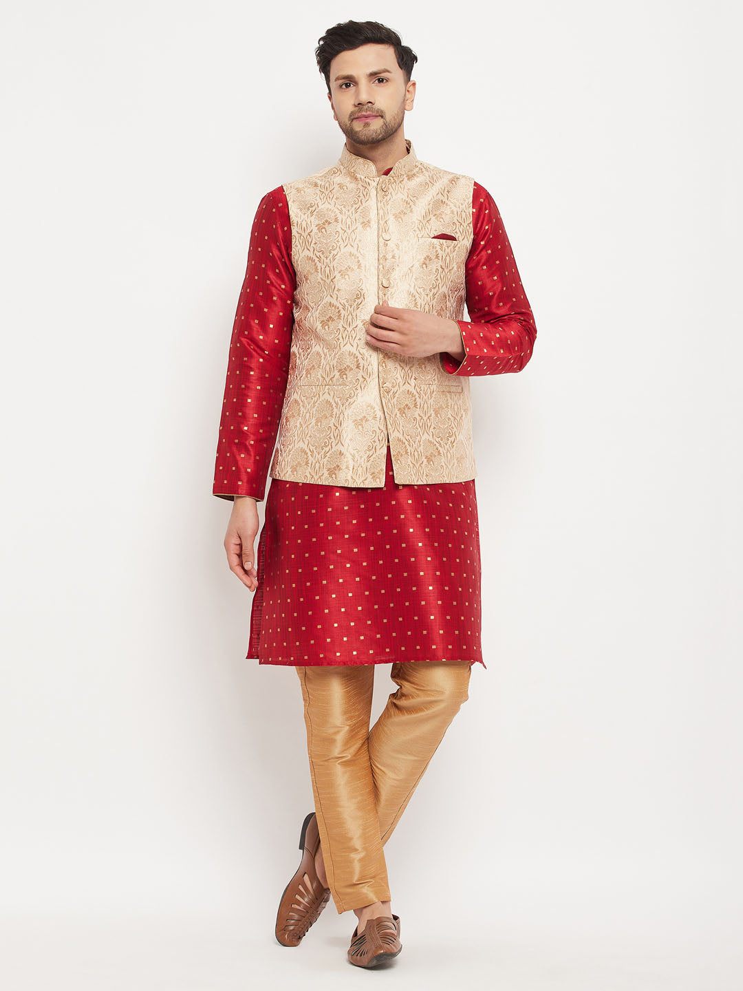 Men's Maroon Silk Blend Straight Jacket  Kurta and Pyjama Set