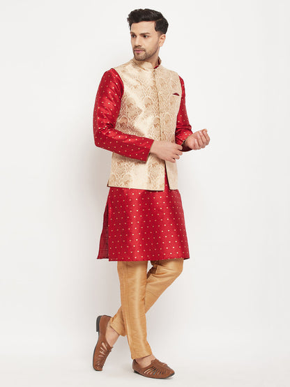 Men's Maroon Silk Blend Straight Jacket  Kurta and Pyjama Set