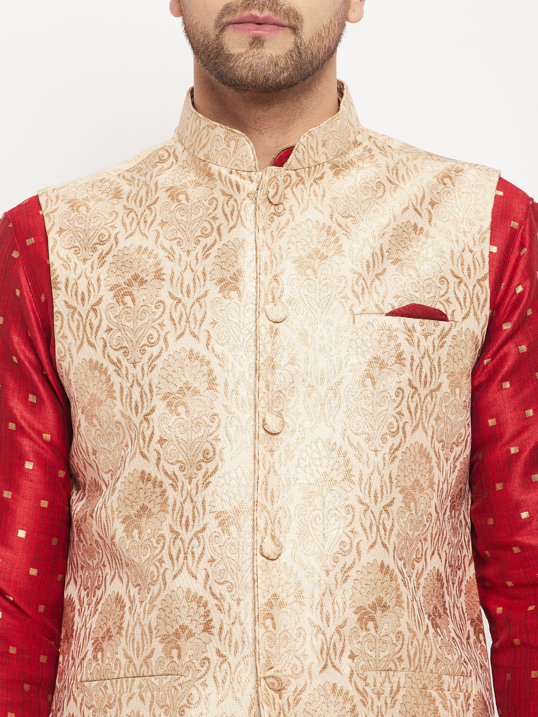 Men's Maroon Silk Blend Straight Jacket  Kurta and Pyjama Set