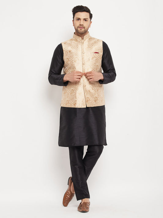 Men's Black Silk Blend Straight Jacket  Kurta and Pyjama Set