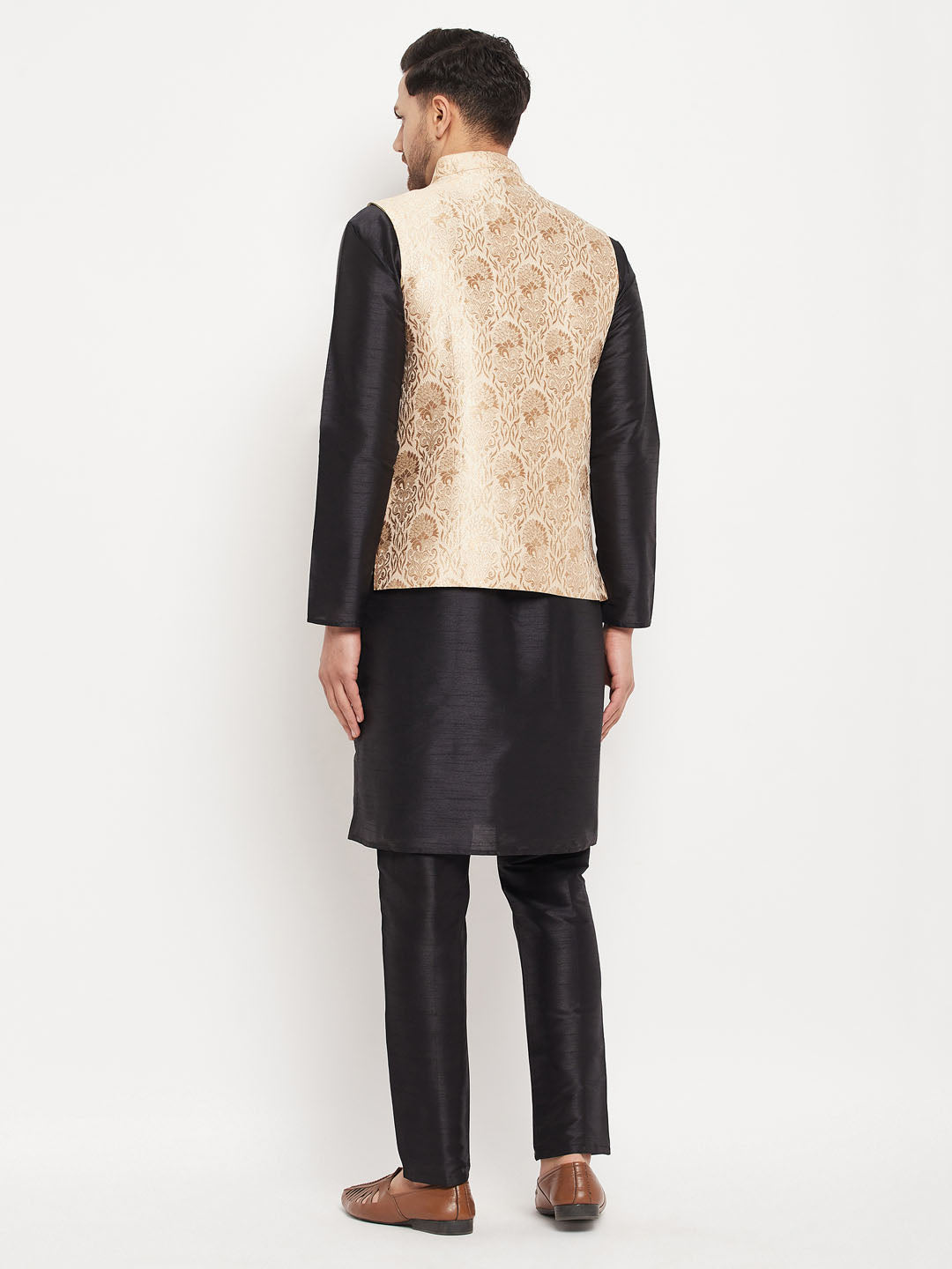 Men's Black Silk Blend Straight Jacket  Kurta and Pyjama Set