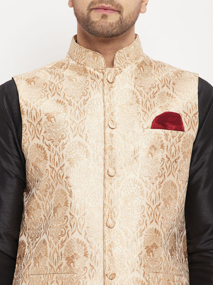 Men's Black Silk Blend Straight Jacket  Kurta and Pyjama Set