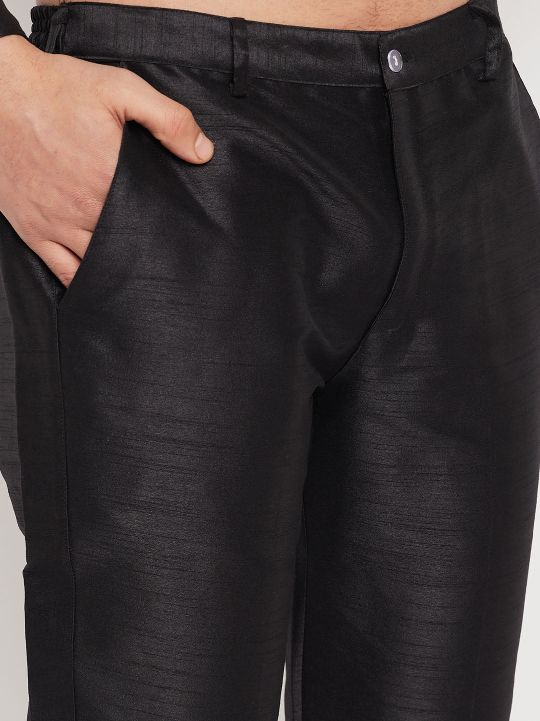 Men's Black Silk Blend Straight Jacket  Kurta and Pyjama Set