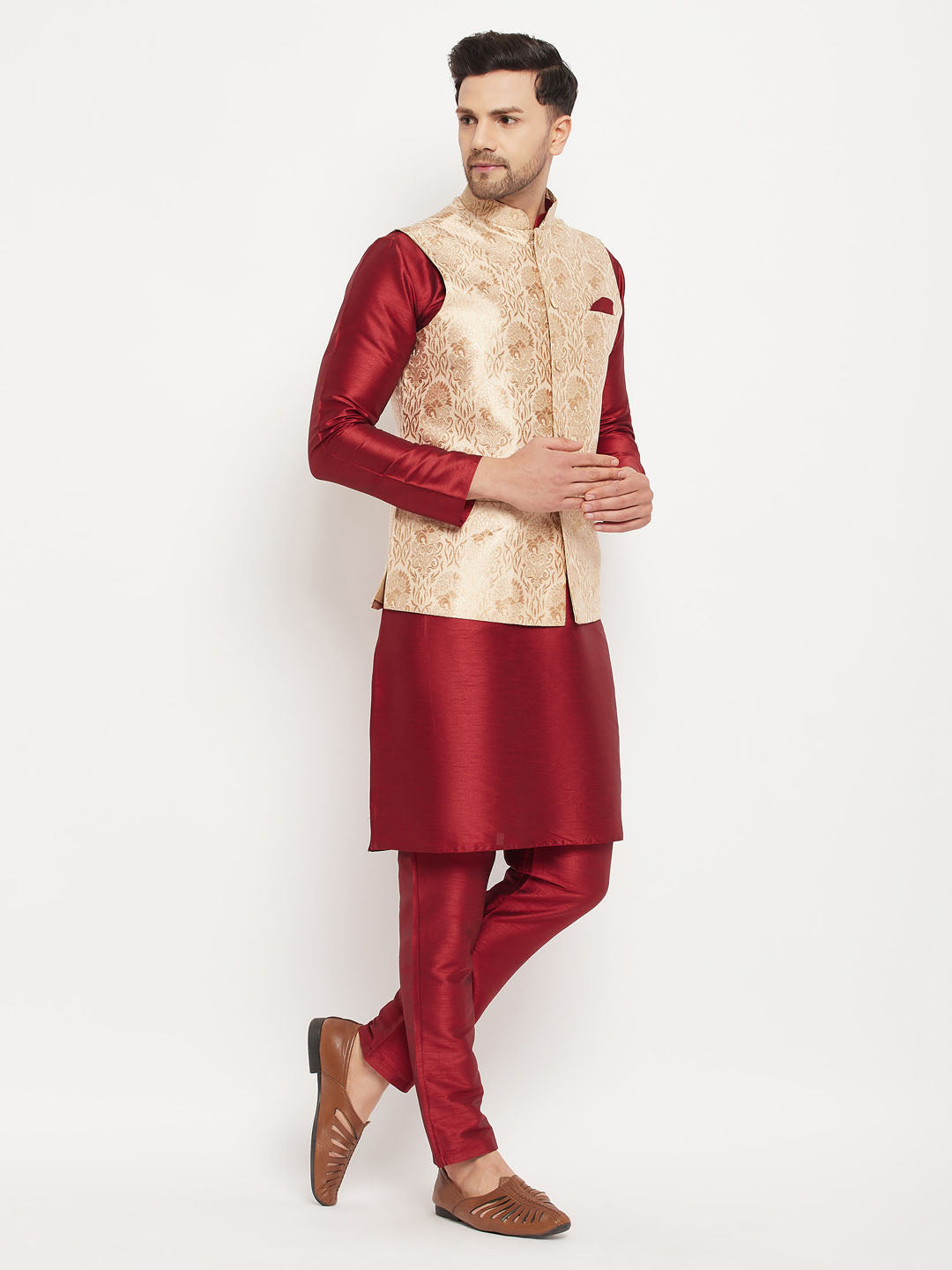 Men's Maroon Silk Blend Straight Jacket  Kurta and Pyjama Set
