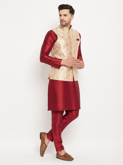 Men's Maroon Silk Blend Straight Jacket  Kurta and Pyjama Set