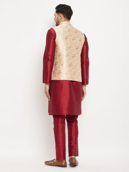 Men's Maroon Silk Blend Straight Jacket  Kurta and Pyjama Set