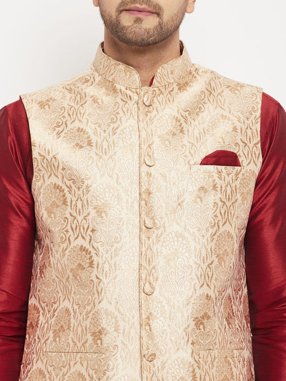 Men's Maroon Silk Blend Straight Jacket  Kurta and Pyjama Set
