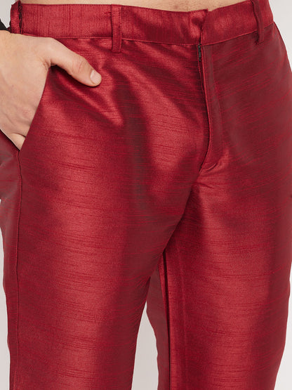 Men's Maroon Silk Blend Straight Jacket  Kurta and Pyjama Set