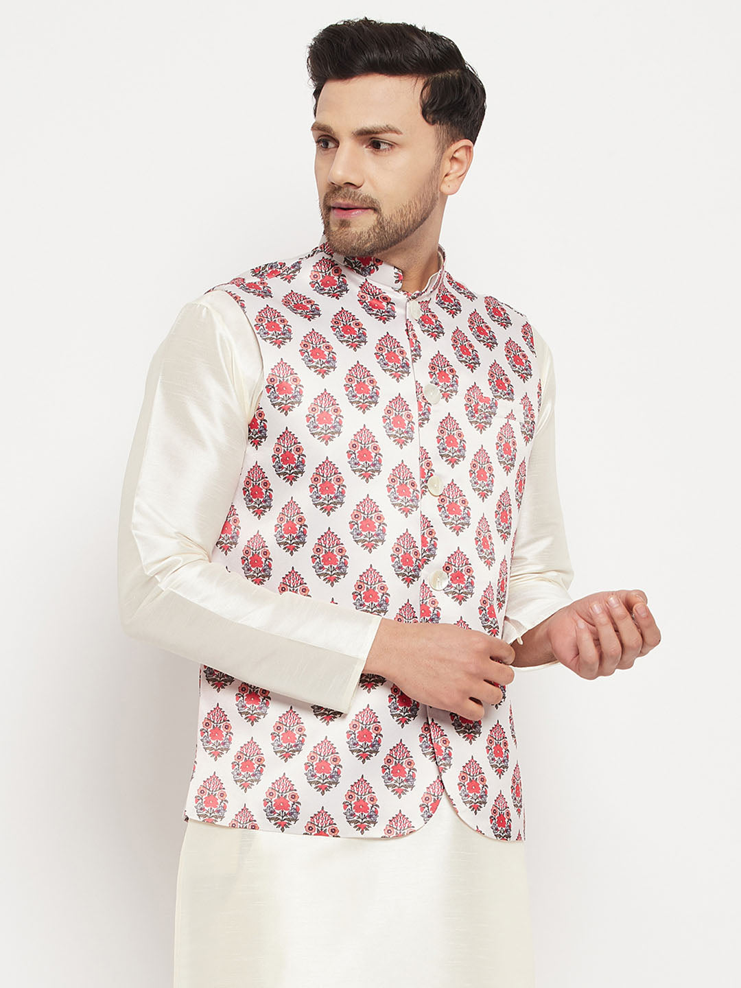 Men's Cream Silk Blend Straight Jacket  Kurta and Pyjama Set