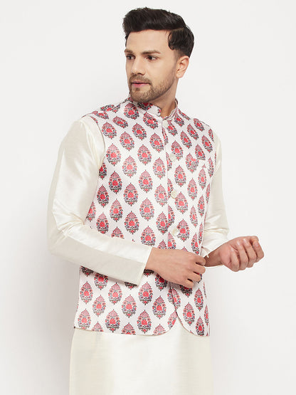 Men's Cream Silk Blend Straight Jacket  Kurta and Pyjama Set