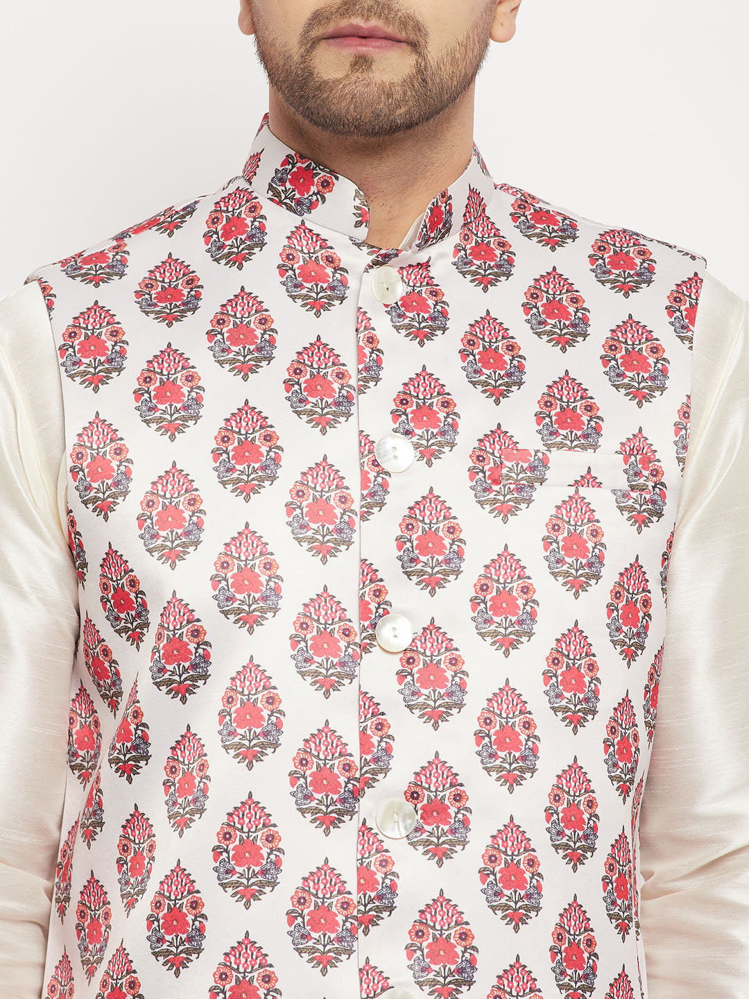 Men's Cream Silk Blend Straight Jacket  Kurta and Pyjama Set
