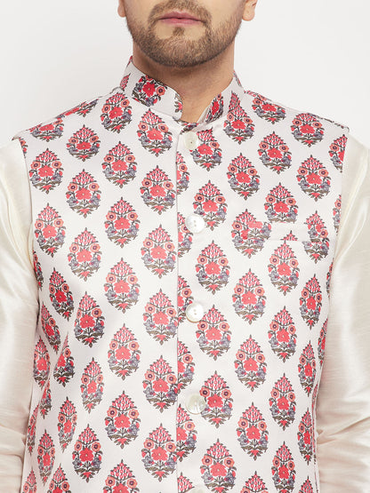 Men's Cream Silk Blend Straight Jacket  Kurta and Pyjama Set