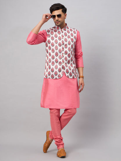 Men's Pink Silk Blend Straight Jacket  Kurta and Pyjama Set