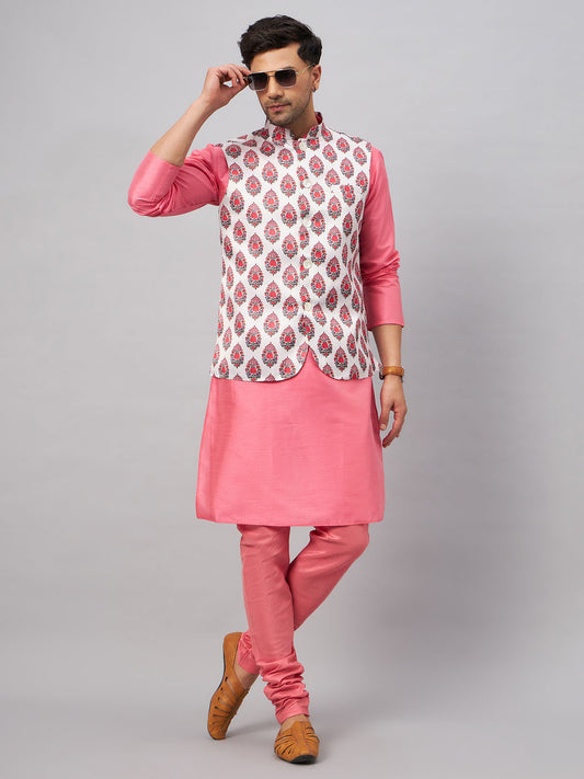 Men's Pink Silk Blend Straight Jacket  Kurta and Pyjama Set