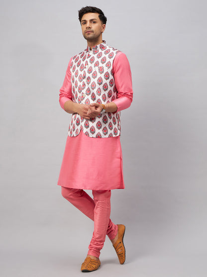 Men's Pink Silk Blend Straight Jacket  Kurta and Pyjama Set