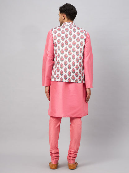 Men's Pink Silk Blend Straight Jacket  Kurta and Pyjama Set