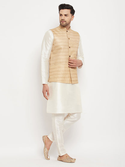 Men's Cream Silk Blend Straight Jacket  Kurta and Pyjama Set