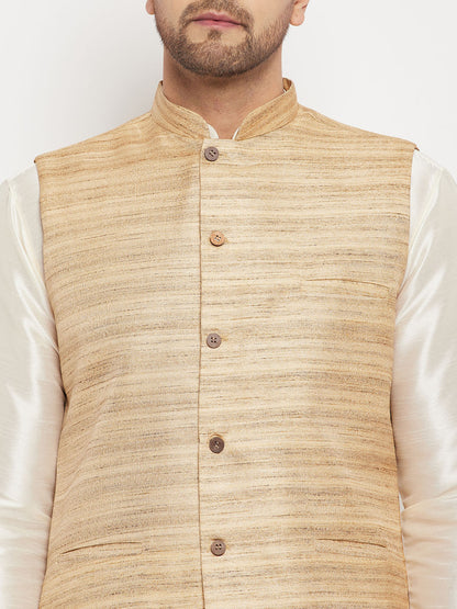 Men's Cream Silk Blend Straight Jacket  Kurta and Pyjama Set