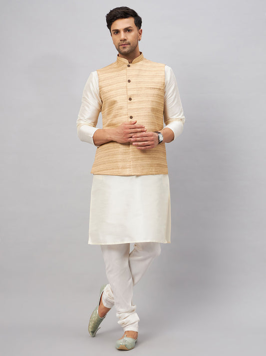 Men's Cream Silk Blend Straight Jacket  Kurta and Pyjama Set