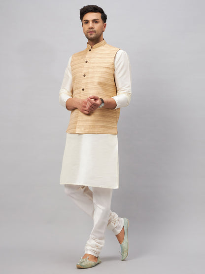 Men's Cream Silk Blend Straight Jacket  Kurta and Pyjama Set