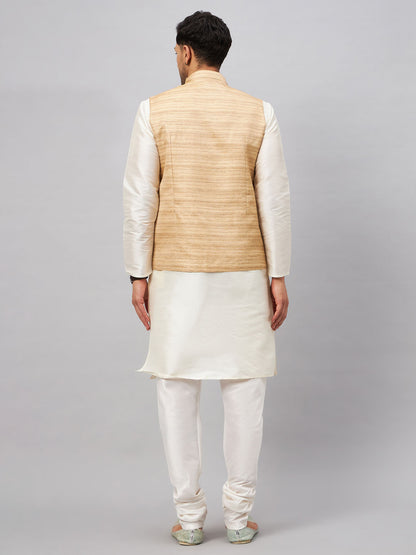Men's Cream Silk Blend Straight Jacket  Kurta and Pyjama Set