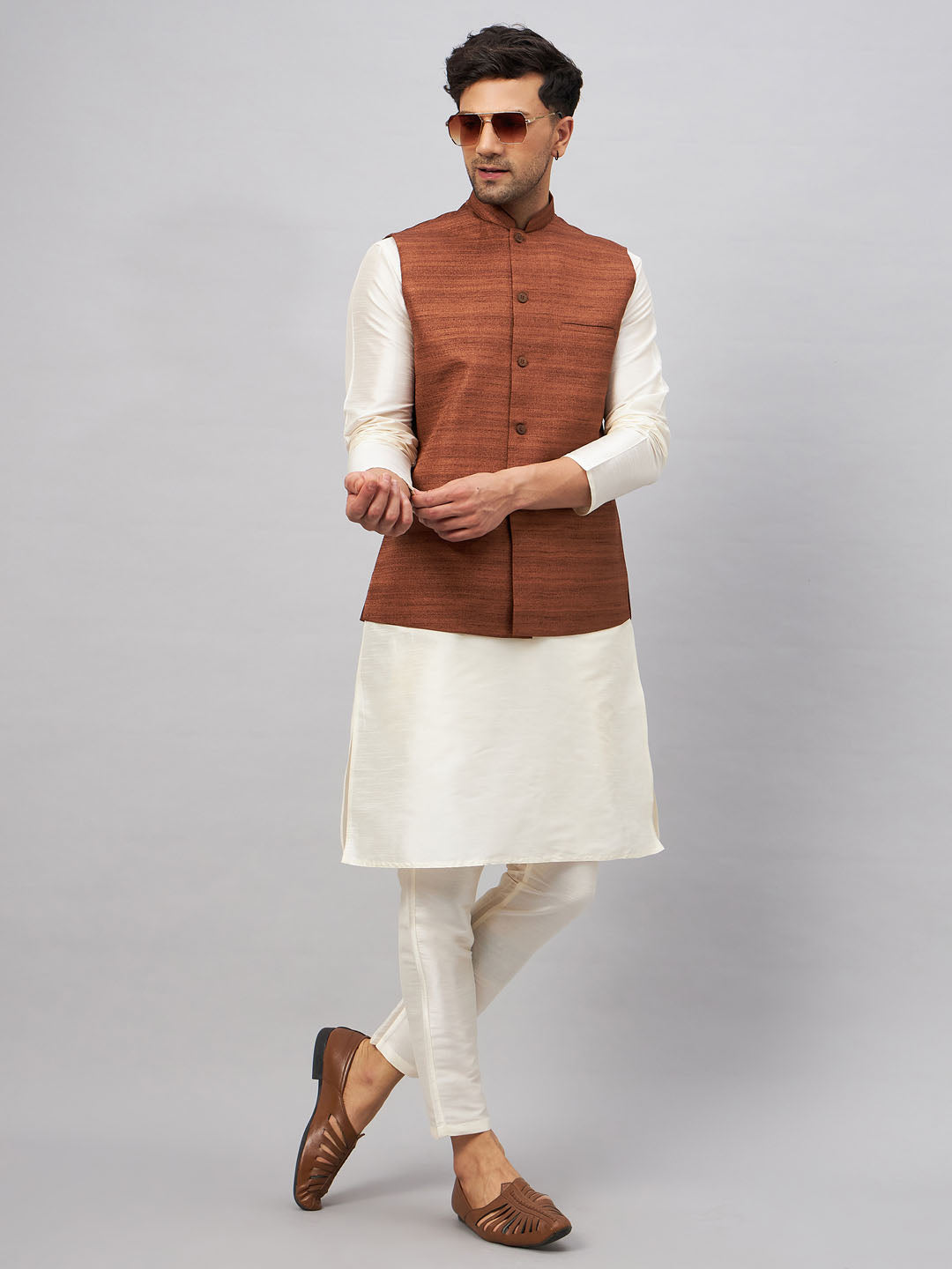 Men's Cream Silk Blend Straight Jacket  Kurta and Pyjama Set