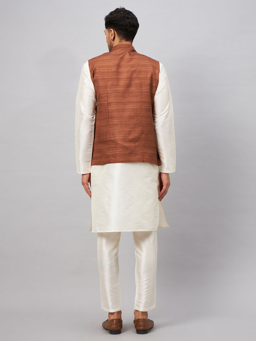 Men's Cream Silk Blend Straight Jacket  Kurta and Pyjama Set