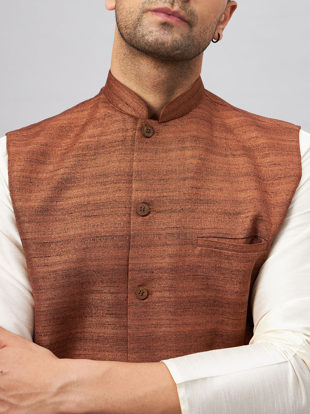 Men's Cream Silk Blend Straight Jacket  Kurta and Pyjama Set
