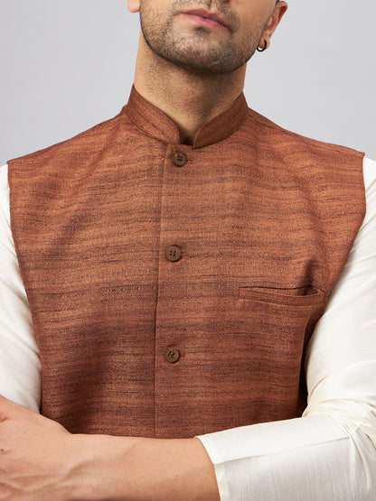 Men's Cream Silk Blend Straight Jacket  Kurta and Pyjama Set