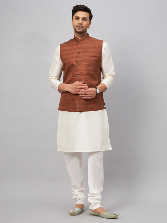 Men's Cream Silk Blend Straight Jacket  Kurta and Pyjama Set