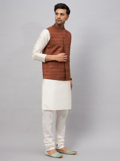 Men's Cream Silk Blend Straight Jacket  Kurta and Pyjama Set