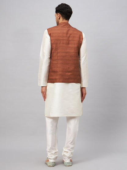 Men's Cream Silk Blend Straight Jacket  Kurta and Pyjama Set