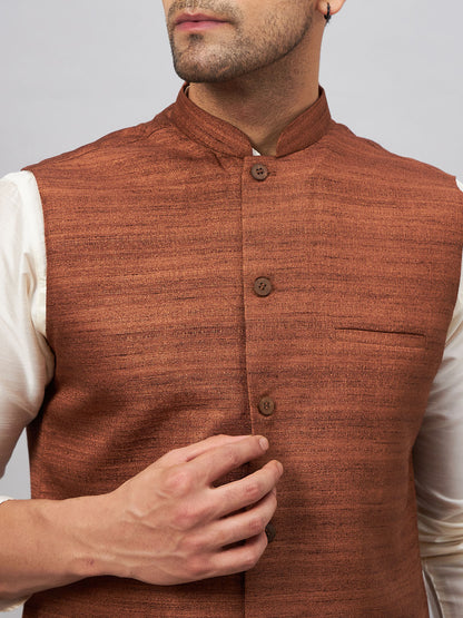 Men's Cream Silk Blend Straight Jacket  Kurta and Pyjama Set