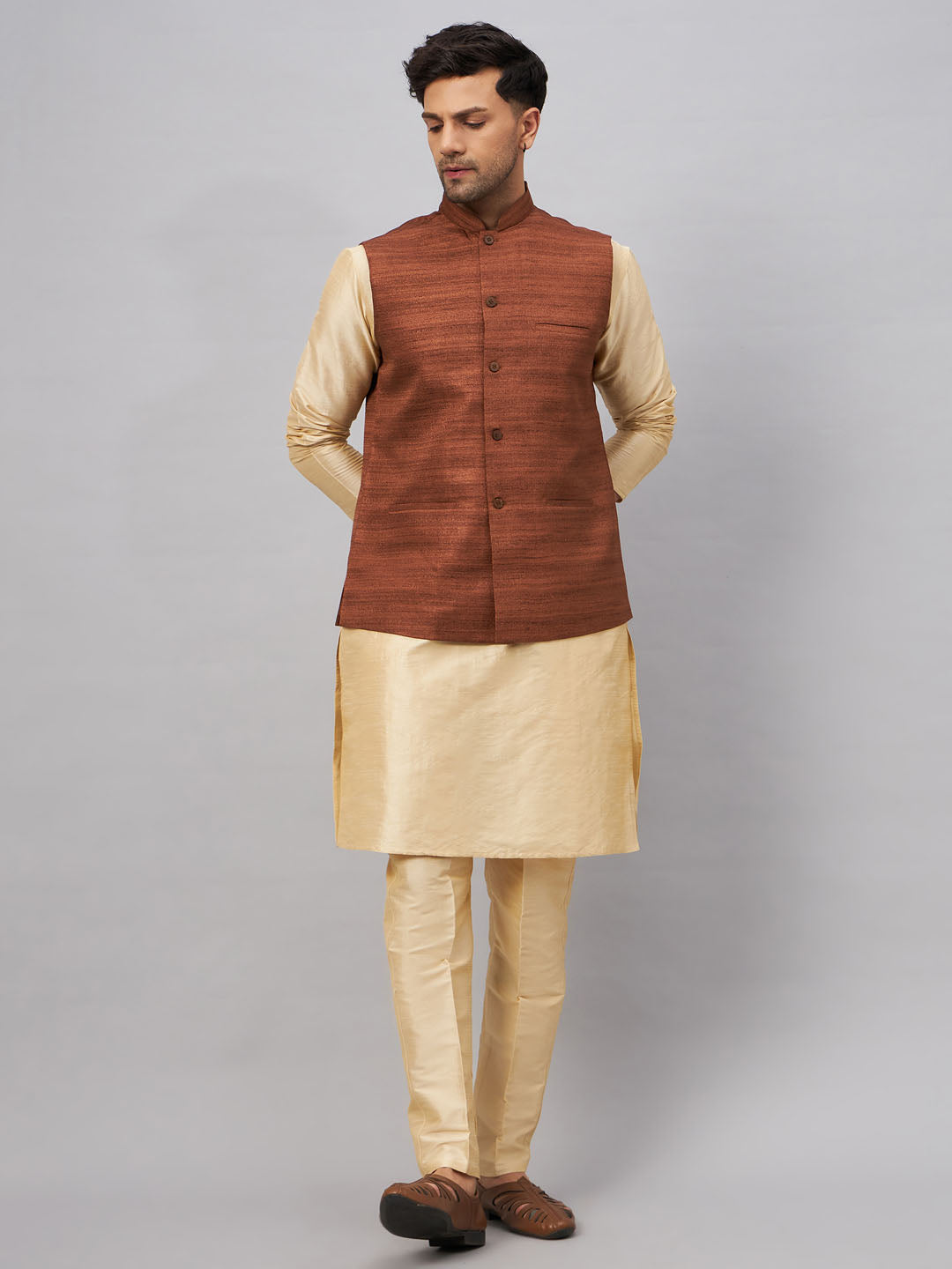 Men's Gold Silk Blend Straight Jacket  Kurta and Pyjama Set
