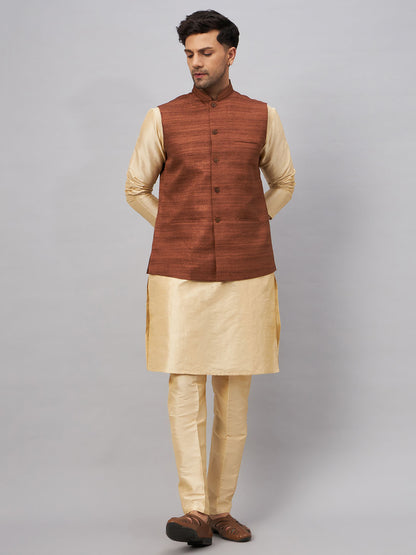 Men's Gold Silk Blend Straight Jacket  Kurta and Pyjama Set