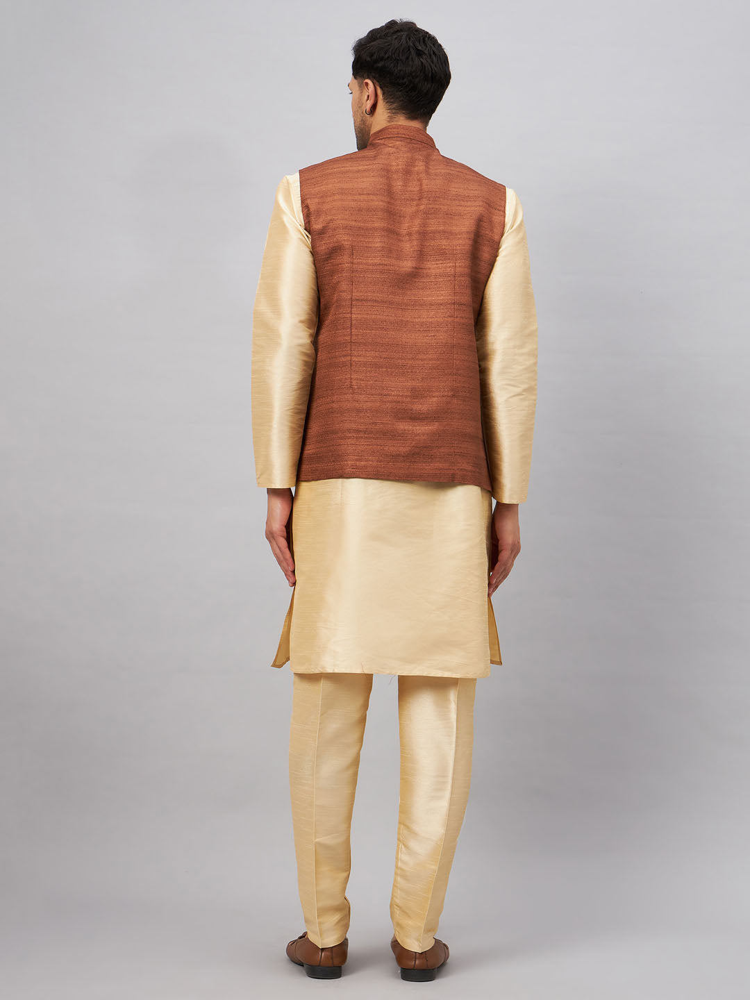 Men's Gold Silk Blend Straight Jacket  Kurta and Pyjama Set