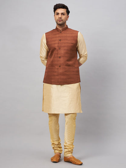 Men's Gold Silk Blend Straight Jacket  Kurta and Pyjama Set