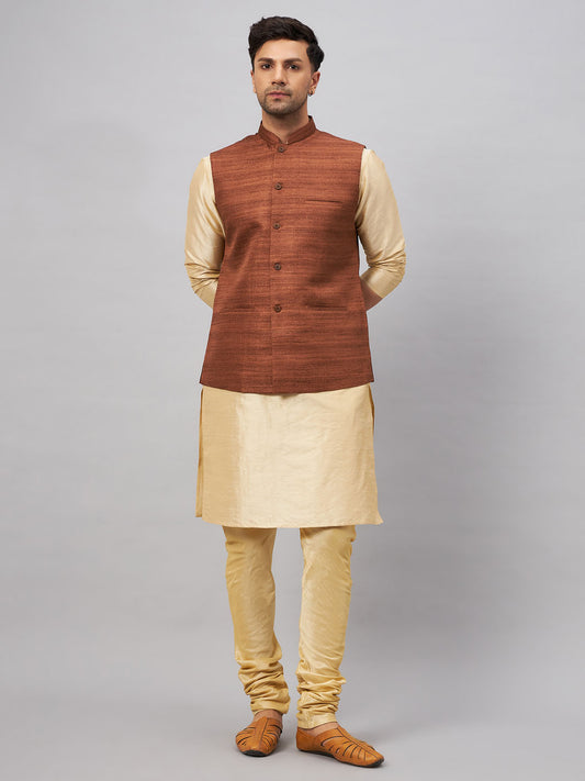Men's Gold Silk Blend Straight Jacket  Kurta and Pyjama Set