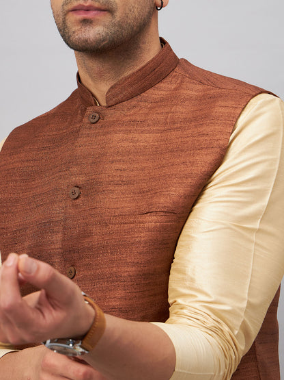 Men's Gold Silk Blend Straight Jacket  Kurta and Pyjama Set