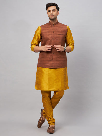 Men's Mustard Silk Blend Straight Jacket  Kurta and Pyjama Set