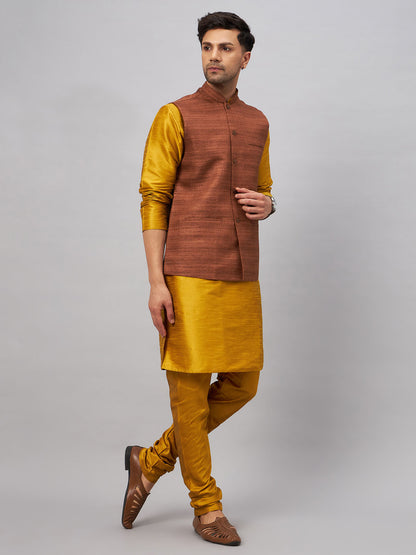 Men's Mustard Silk Blend Straight Jacket  Kurta and Pyjama Set