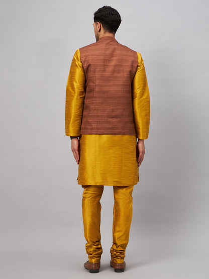 Men's Mustard Silk Blend Straight Jacket  Kurta and Pyjama Set