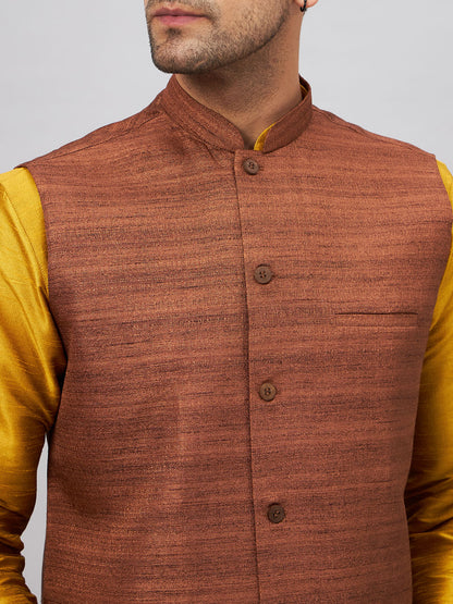 Men's Mustard Silk Blend Straight Jacket  Kurta and Pyjama Set