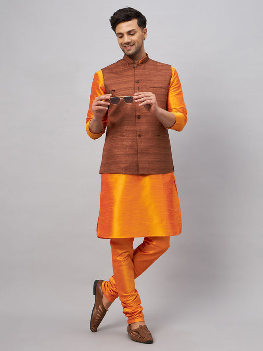 Men's Orange Silk Blend Straight Jacket  Kurta and Pyjama Set
