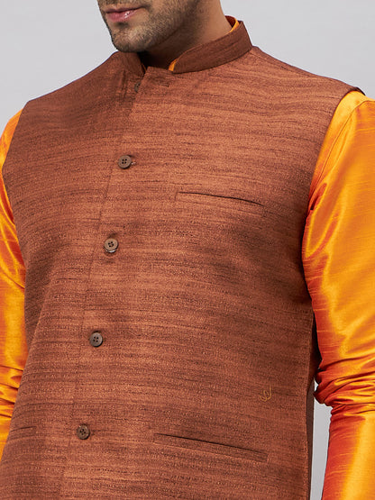 Men's Orange Silk Blend Straight Jacket  Kurta and Pyjama Set