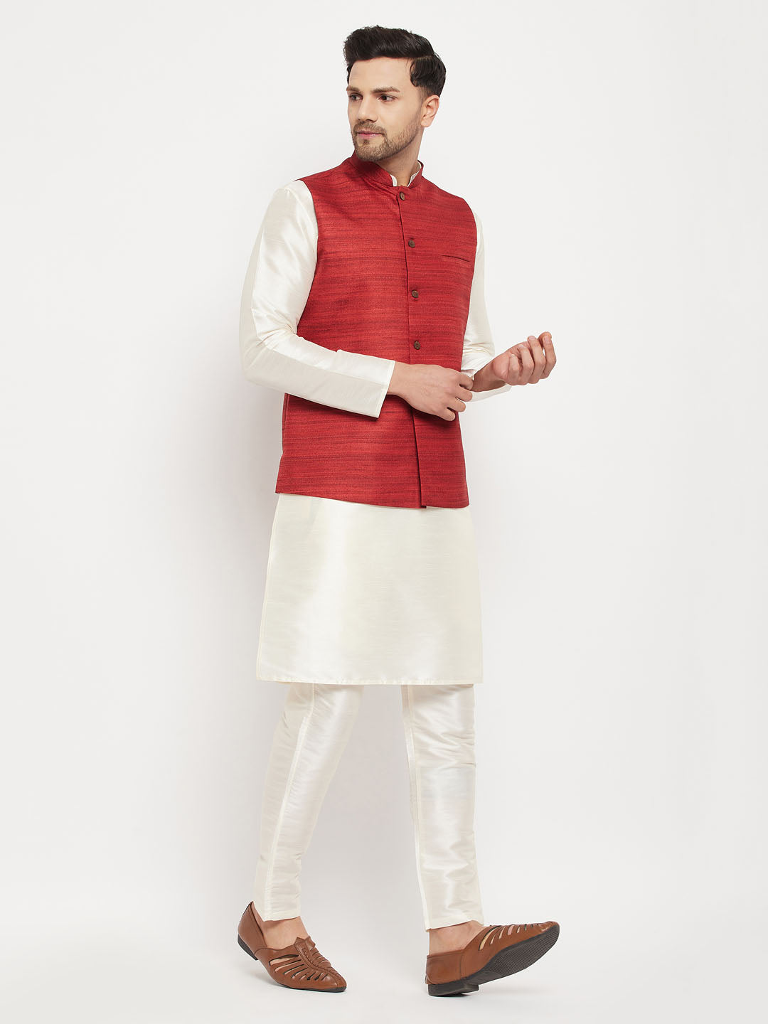 Men's Cream Silk Blend Straight Jacket  Kurta and Pyjama Set