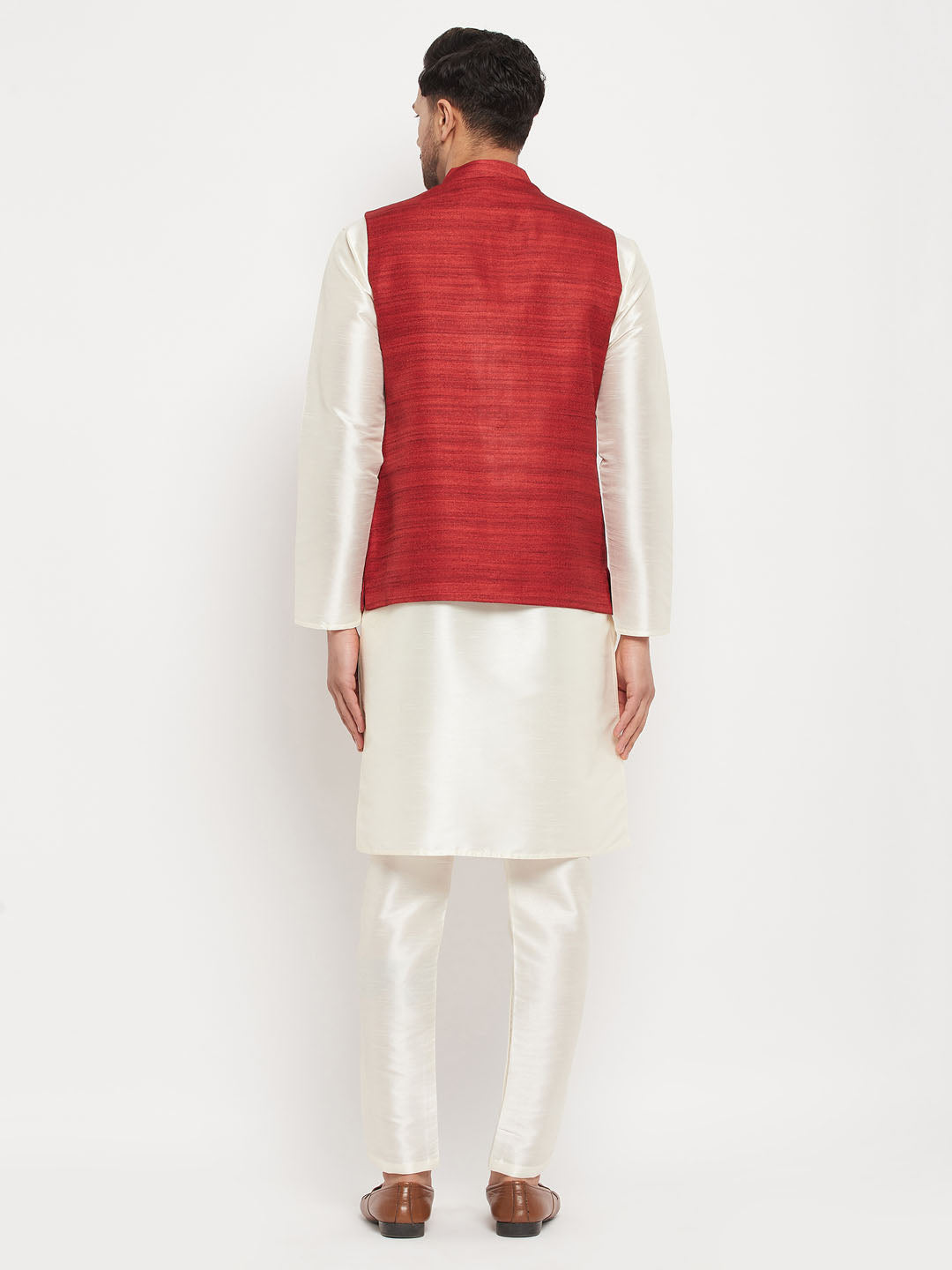 Men's Cream Silk Blend Straight Jacket  Kurta and Pyjama Set